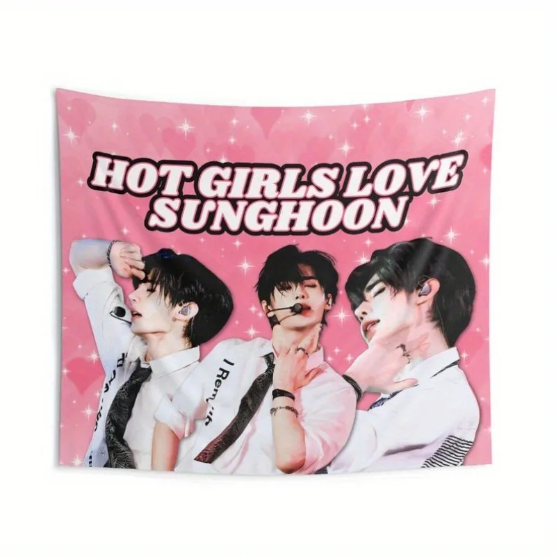 Kpop Idol Stage Performance Tapestry, Pink Starry Background Wall Hanging, Boy Group Fan Art Dorm Bedroom Decor Gift