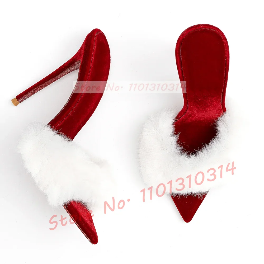 

Red Velvet Mules With White Fur Women Opened Pointy Toe Ladies Noble Thin High Heels Shoes Trending Sweet Toe Strap Slippers