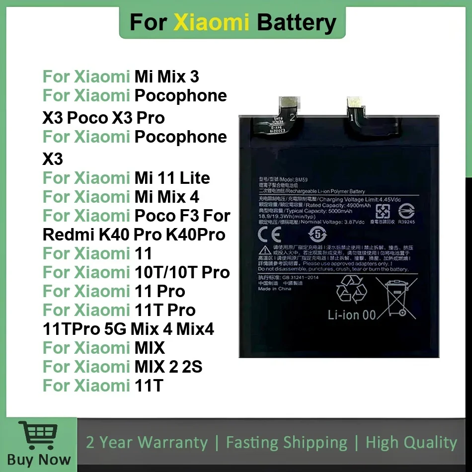 

2025 Years Battery For Xiaomi Mi Mix 1 2 2S 3 4 11 Mi11 Lite Ultra Poco X3 F3 Redmi K40 10T 11T Pro Batteries