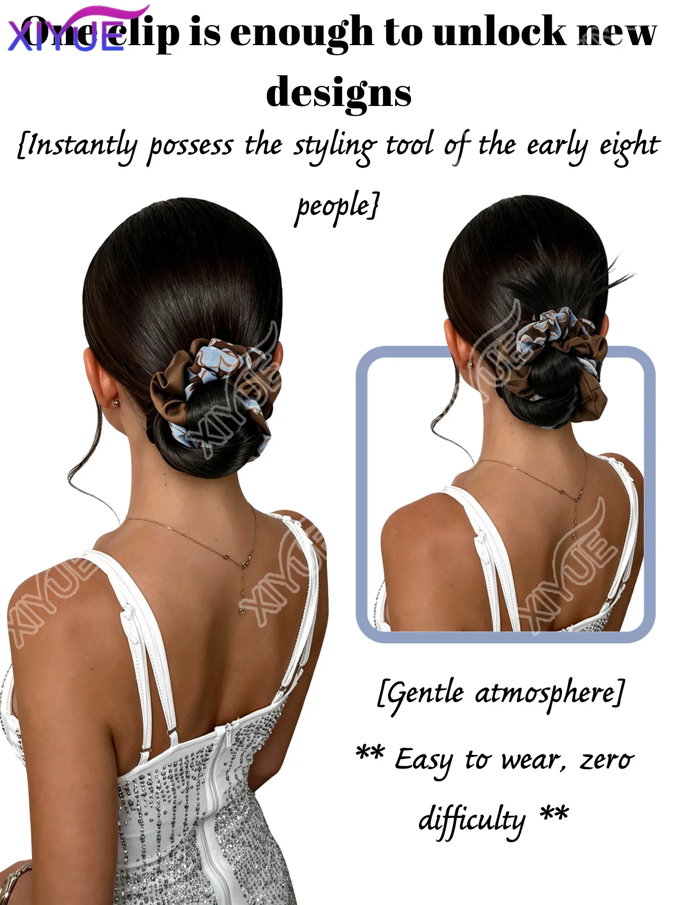 XIYUE synthetic grab clip Retro Brown Mist Blue Island bun wig women's low-tie meatball head heat-resistant bun hair accessories