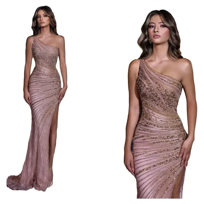 Customized Luxury One Shoulder Sleeveless Evening Dresses Sequined Beading Floor-Length Straight Women Party Gowns 2024 Formal D