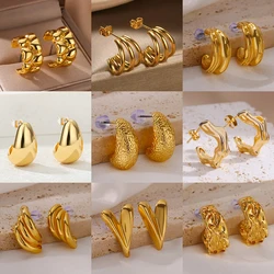 Texture Drop Earrings for Women Stainless Steel C Shape Waterdrop Teardrop Hoop Earring Vintage Luxury Aretes Jewelry Gift