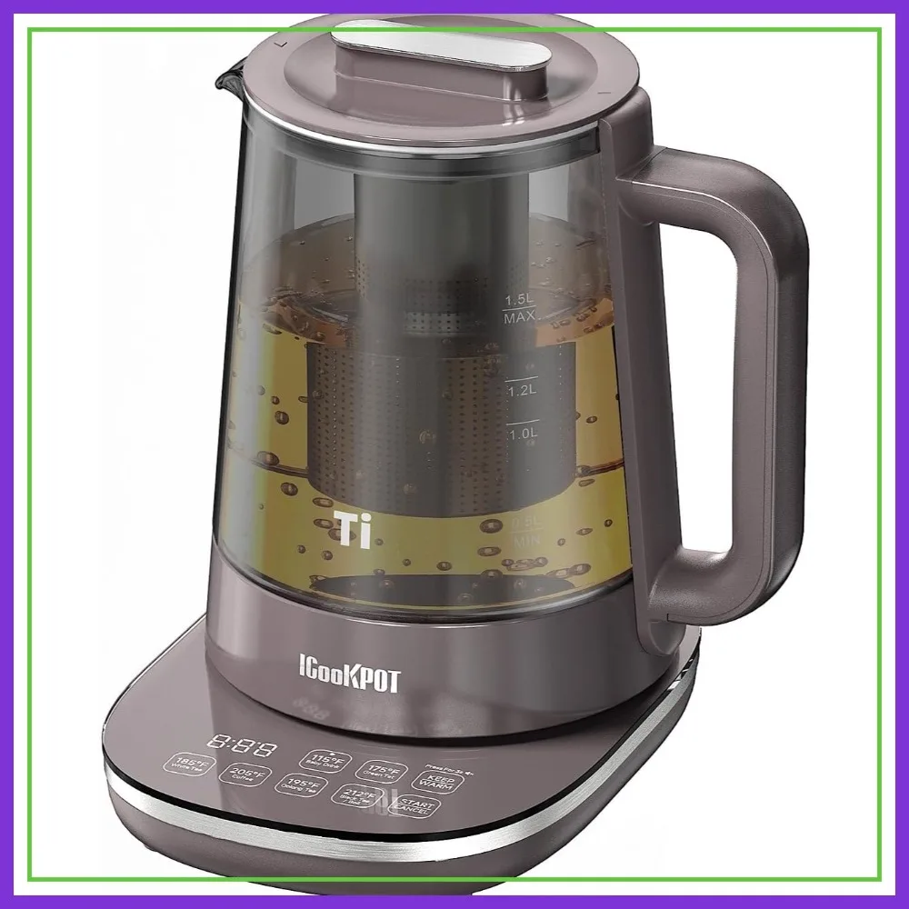 

1500W Titanium Hot Tea Maker Glass Electric Kettle with Infuser & Temp Control, 1.5L Rapid Boiling, Programmable for Teas & Coffee, Brown