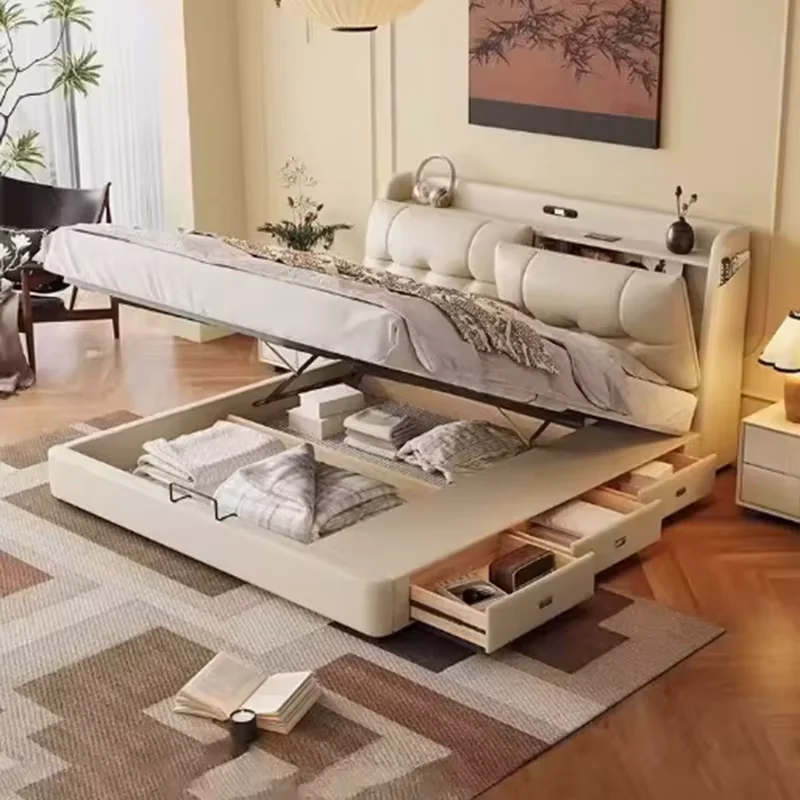 Soft Storage Space Double Bed Drawers Frame Wood Modern Pliable King Double Beds Luxury Metal White Cama De Casal Bedroom Stuff