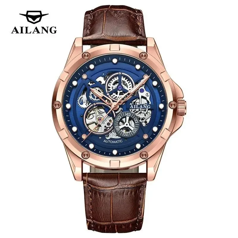 AILANG-8527 Men Automatic Mechanical Watch Rose Gold Silver Stainless Steel Bracelet  Skeleton Hollow Blue Dial Two Tone