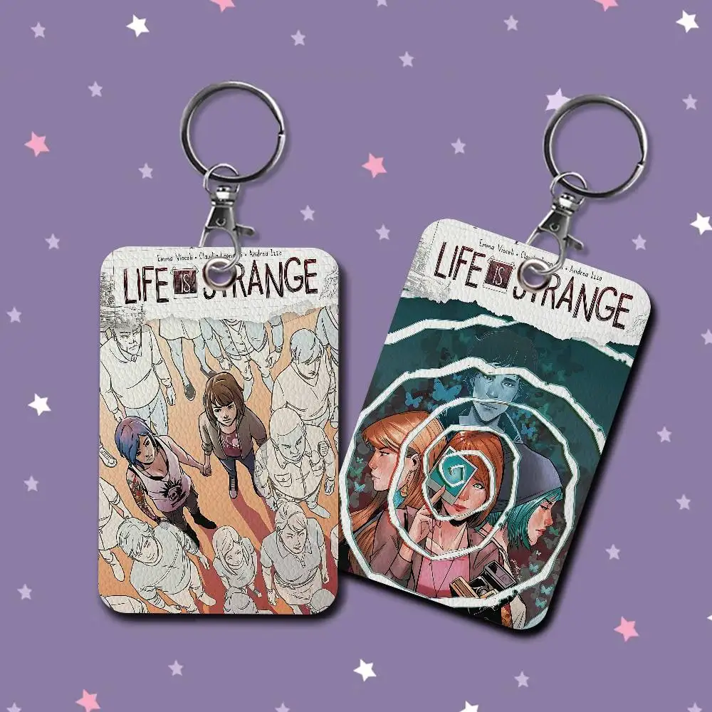 Game Life is S-Strange Rectangle ID Card Case Keychain Access Card Bag Key Tag Ring Leather Card Holder Key Ring Access