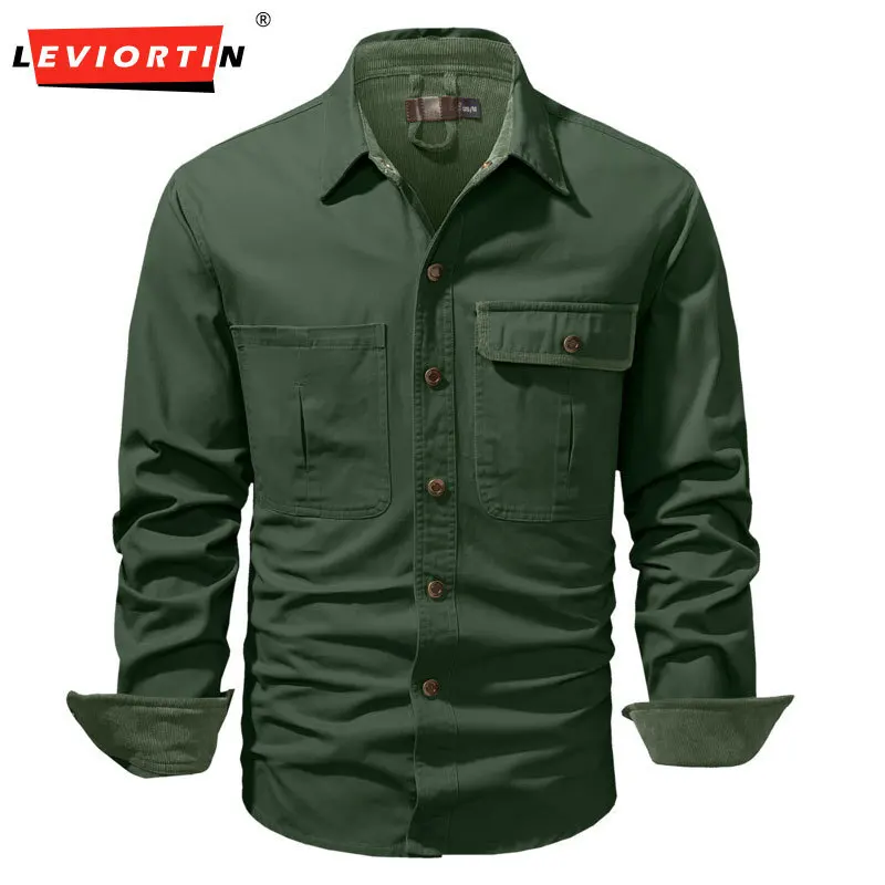 

Лето 2025 г., мужская универсальная рабочая одежда в американском стиле, стираная рубашка, однотонная однотонная рубашка со свободным воротником и длинными рукавами