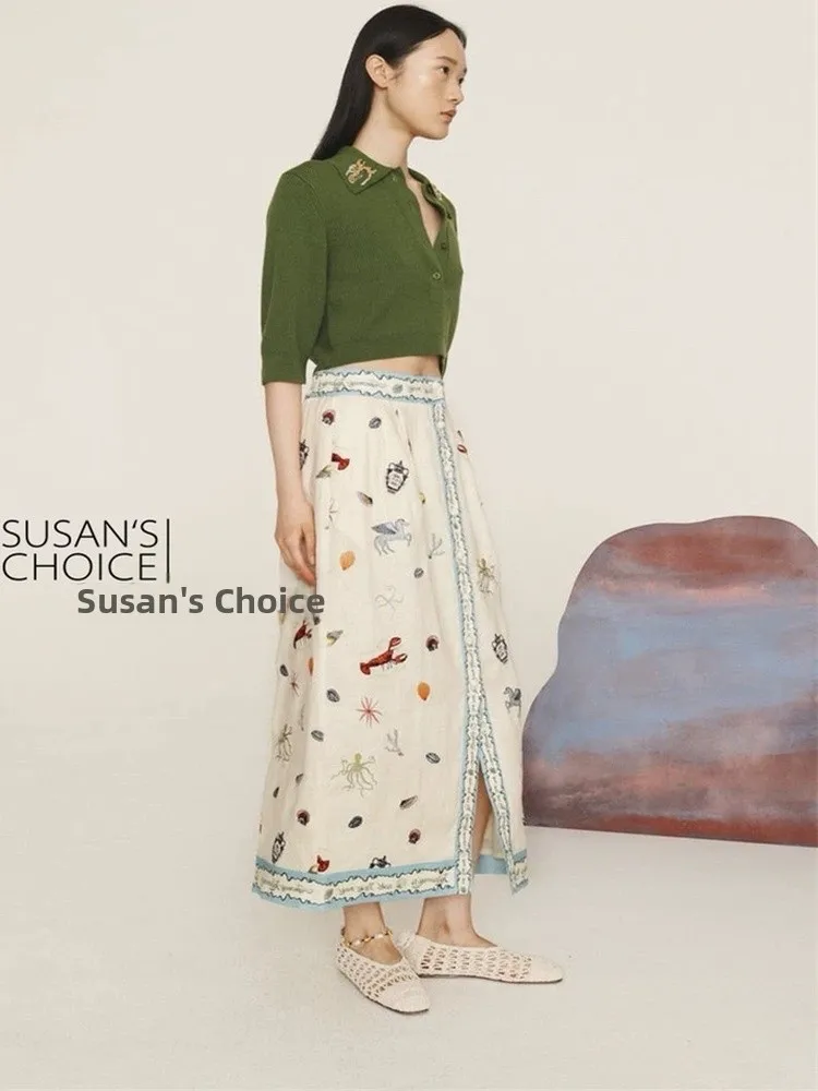 

Susan High Waist Linen Print Skirt Women's A-Line Midi Skirt Spring Summer Faion Casual Comfortable Breathable Skirt