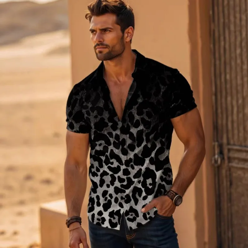 

Men's Summer Leopard Print Short Sleeve Cuban Collar Shirt Casual 3D Printed Button Down Top