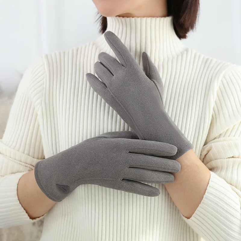 Women Touch Screen Gloves Autumn and Winter Warm Gloves Thin Cashmere Solid Color Cycling Suede Fabric Elegant Windproof