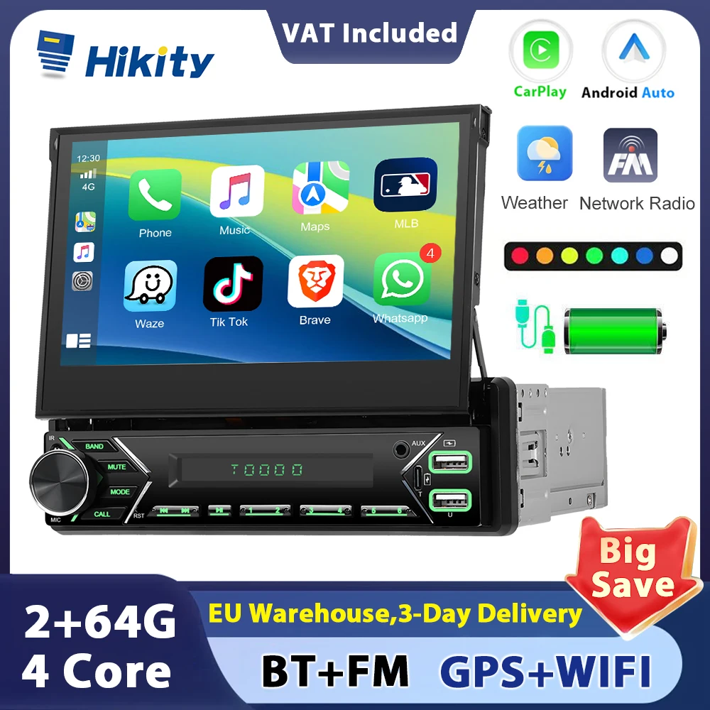Hikity 7 pollici 2 + 64G Android 1din Carplay Autoradio Android Auto Navigazione GPS Bluetooth WiFi Controllo volante