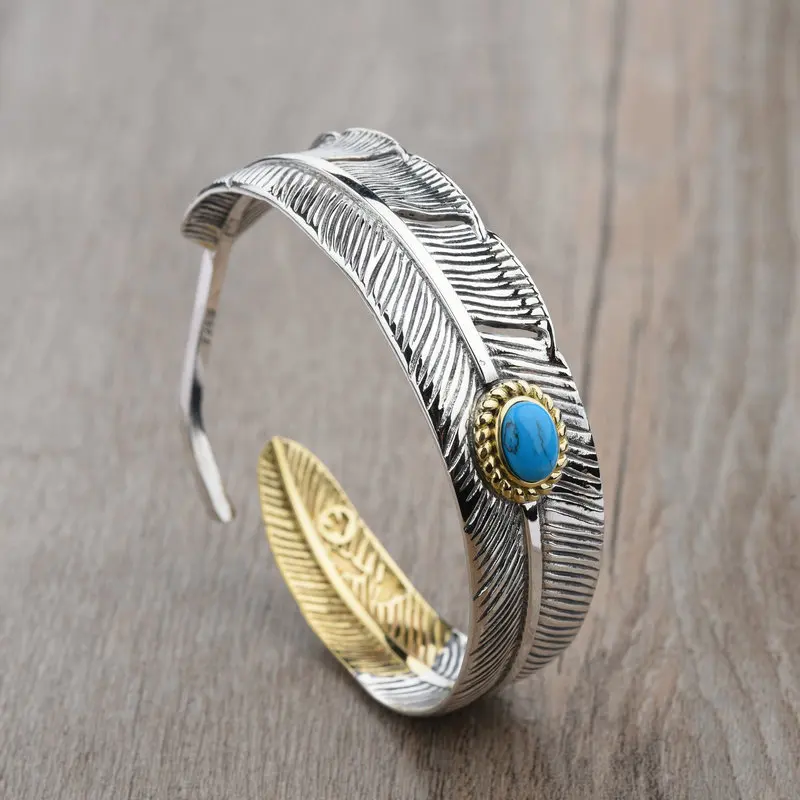 925 sterling silver men and women Indian style retro personality inlaid turquoise feathers Thai silver bracelet bracelet bracele