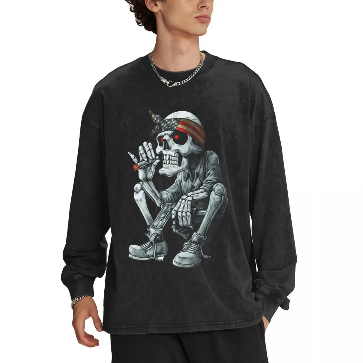 Vintage Oversized T Shirts for Men Cotton Baggy Crew Neck Sweatshirt Acid Wash Long Sleeve Tee Shirts Top Skull Graphic Designed