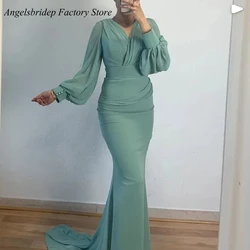 Angelsbridep Long Mermaid Evening Dress 2022 Puff Sleeves Pleat Formal Party Dresses Women Prom Party Gowns Club Robes De Soirée