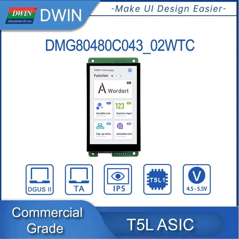 DWIN 4.3 인치 TFT LCD 모듈 800*480 픽셀 상업용 터치 스크린 TTL 스마트 디스플레이 HMI DMG80480C043_01W/02W