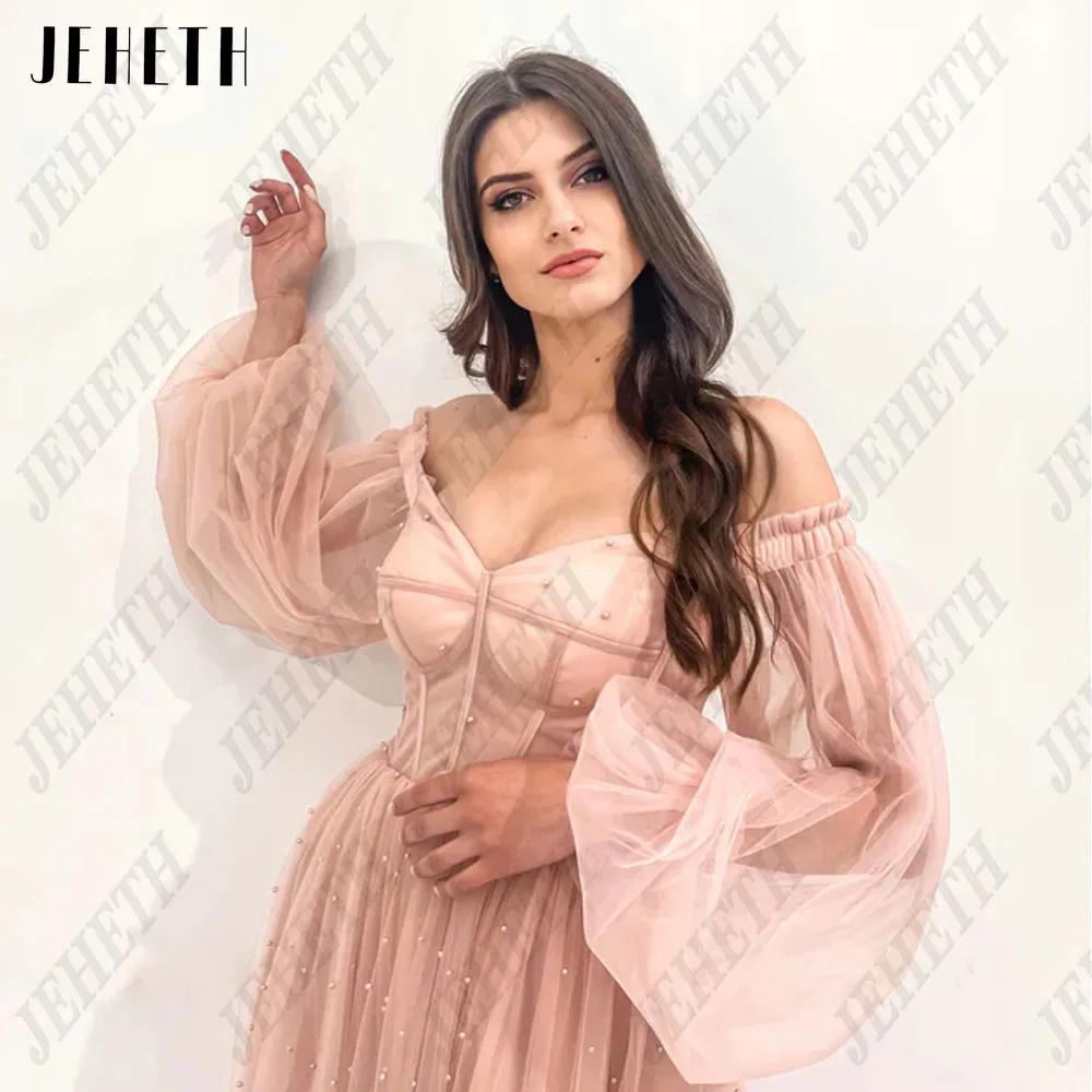 Jeheth robe de soirée élégante pour les femmes doux manches moelleuses Rose tulle perles a Tong Guitar Hcondamned-Robe de Soirée à Manches Bouffantes pour Femme, Tulle Rose, Perles, Ligne A, Longueur au Sol, Mode, 2023