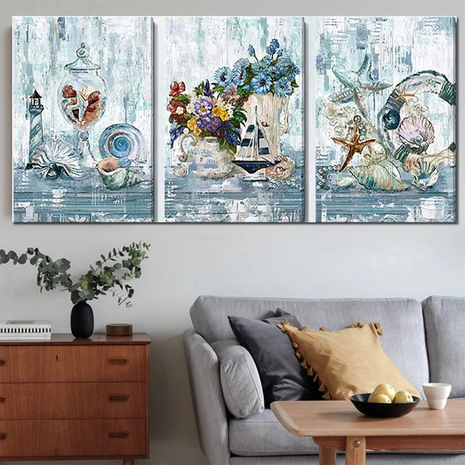 Ocean Beach Triptych 5D Diy Diamond Painting Retro Coastal Seaside Full Drill Embroidery Cross Stitch Mosaic Bathroom Decor