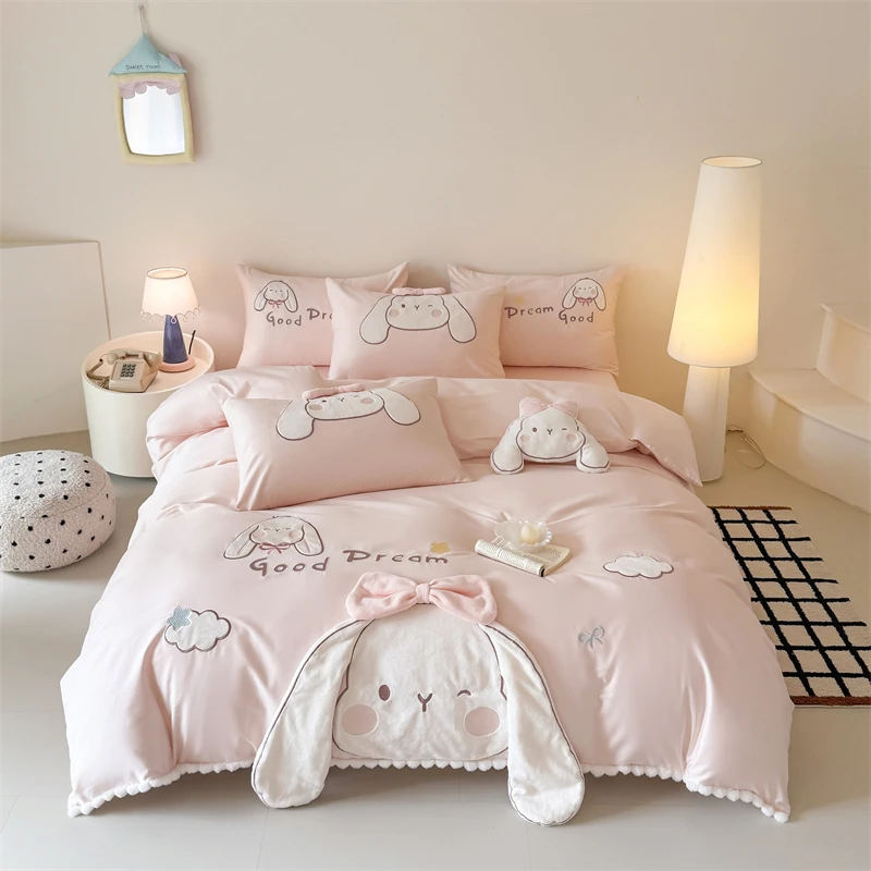 Cute Cartoon Long Ear Rabbit 100% Cotton Bedding Set Applique Embroidery Pink Duvet Cover Pom Pom Fringe Kids Girls Bed Sheet