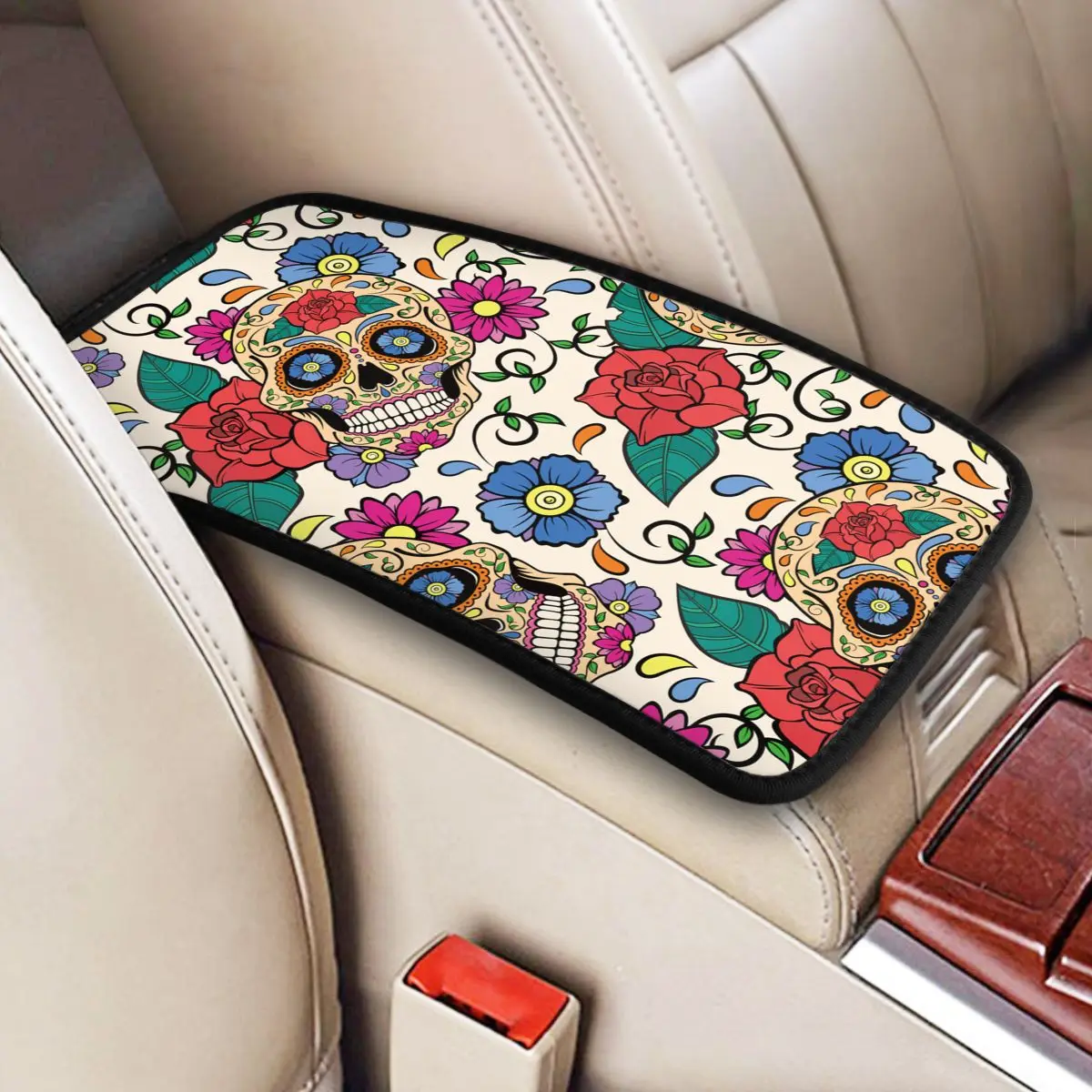 Sugar Skull Rose Mexican Skeleton Center Console Cover Pad for Cars Day of the Dead Halloween Armrest Cover Mat Automobiles