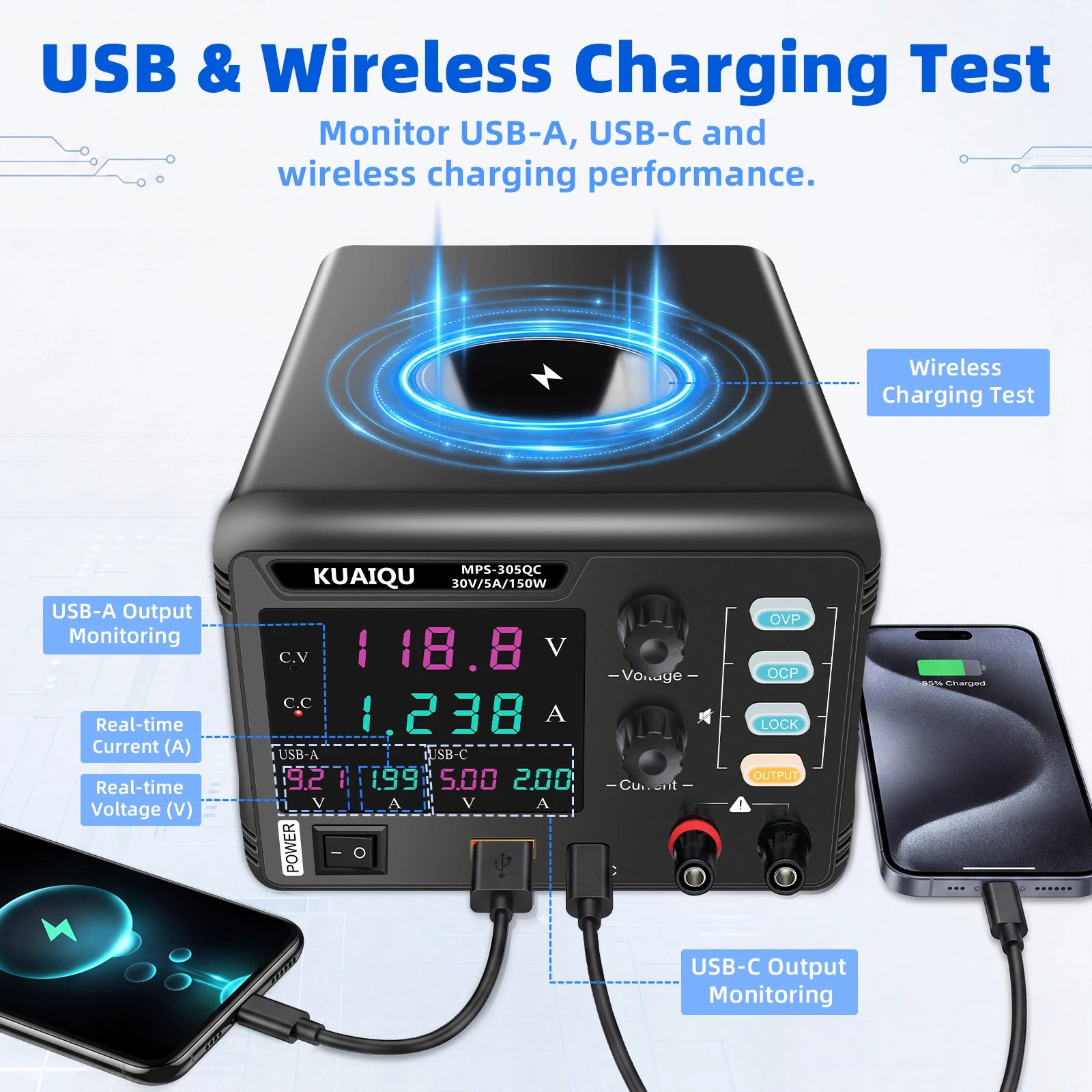 NICE-POWER 30V 5A 150W DC Power Supply Adjustable Switching Power Source Wireless Phone Charger LCD USB-A/USB-C OCP/OVP/LOCK