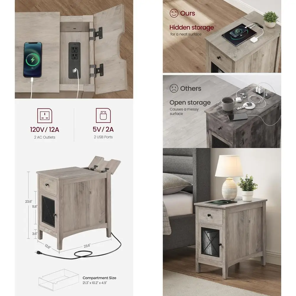 Storage Side Table, USB & Outlet End Table, Charging Nightstand, Drawer Cabinet, Magazine Rack for Living & Bedroom