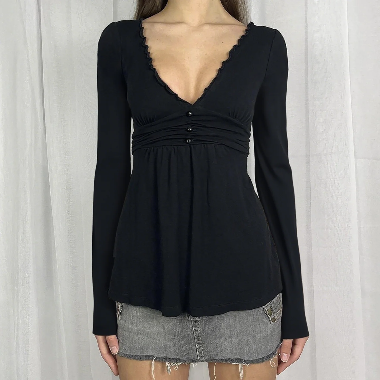 SUCHCUTE Vintage Y2K Women Long Sleeve Top Deep V Neck Ruched Waist Button T-Shirt Casual All Match Outfit  Grunge Fairycore