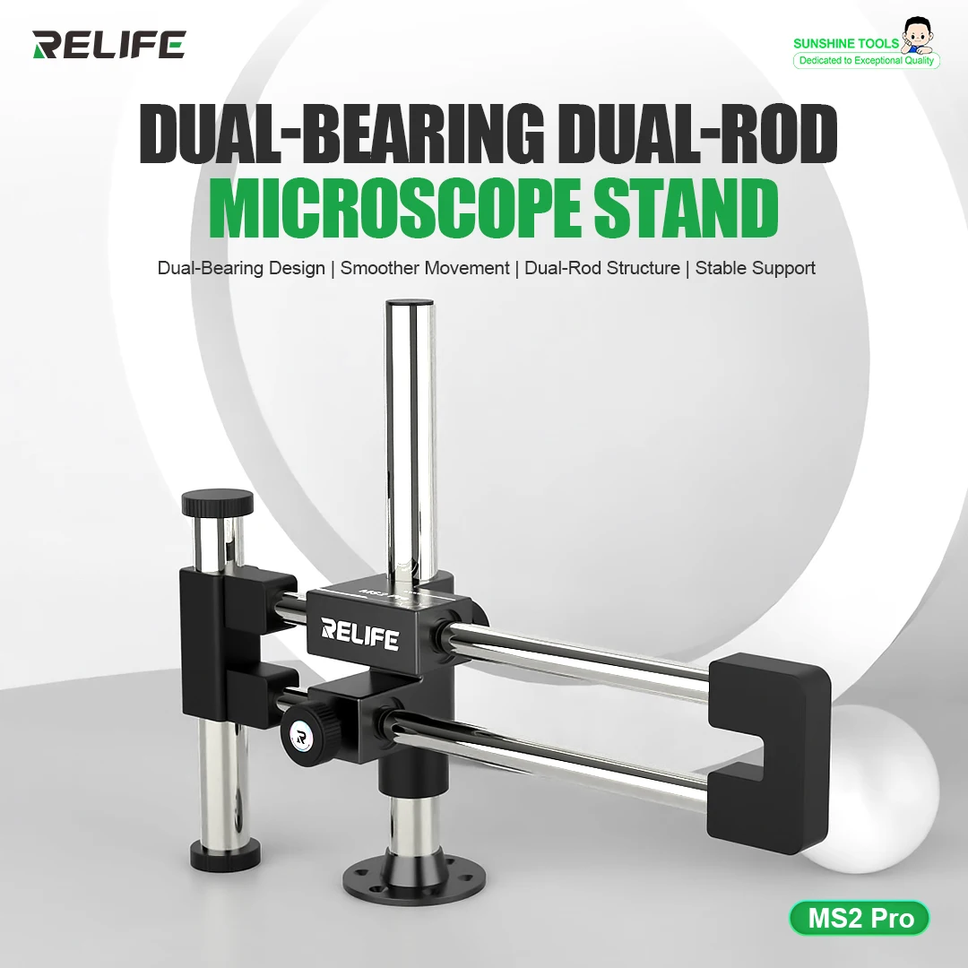 RELIFE MS2 Pro Dual Arm Microscope Stand Adjustable 360 Degree Rotation Aluminum Holder for PCB Soldering and Phone Repair Tool