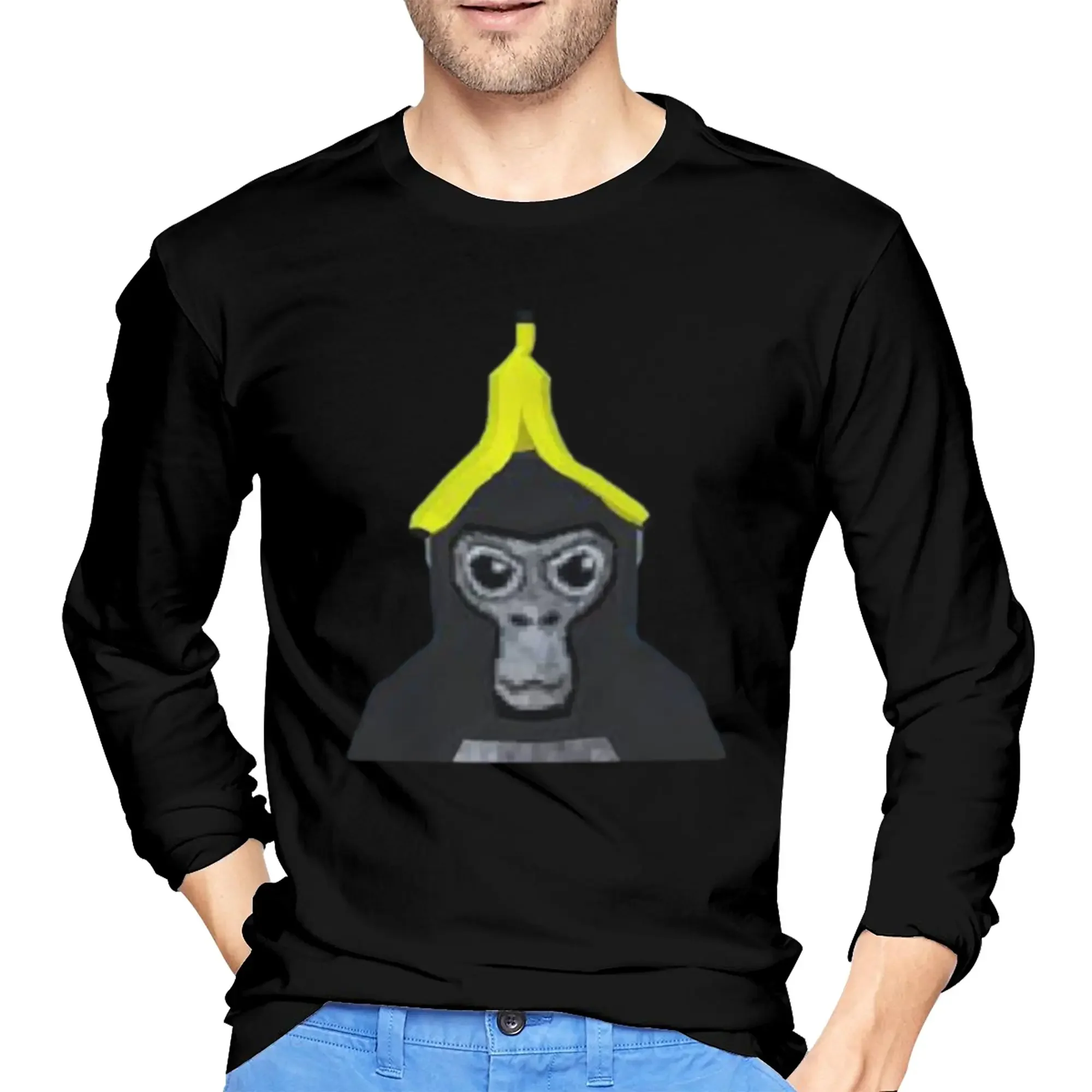 

Gorilla tag monkey with banana Men's Long Sleeved T-shirt Fashion Round Neck T shirts Spring and Autumn Men tops