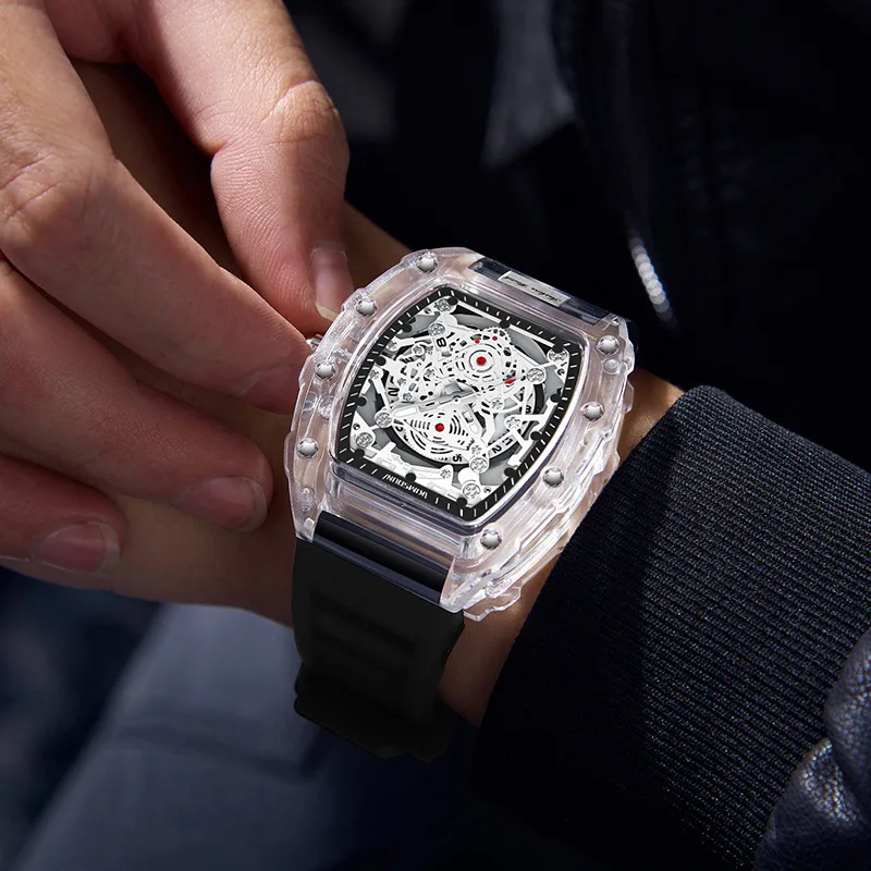 Kimsdun Luxe Mannen Horloge Skelet Mannelijke Quartz Polshorloge Mode Witte Sport Mannen Siliconen Horloges Business Man Steampunk Klok