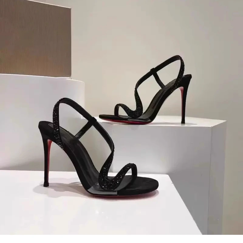 

2025 Spring and Summer New Sexy Black High Heels Women's French Style One Straw Serpentine Water Diamond Open toed Sandals