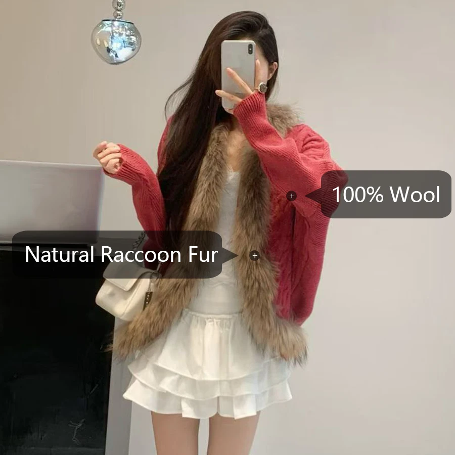 هوديي حقيقية الراكون الفراء طوق البلوزات للمرأة سترة الكشمير المعنقة الخريف الشتاء نمط جديد سترات من فراء الكشمير