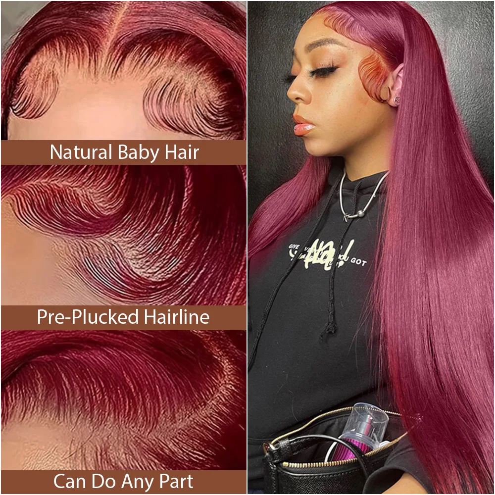 28 32 36 بوصة 99J الملونة الدانتيل الجبهة باروكة من شعر طبيعي مستقيم بورجوندي 13x6 HD الدانتيل الشفاف الباروكات الأمامية شعر مستعار أحمر للنساء