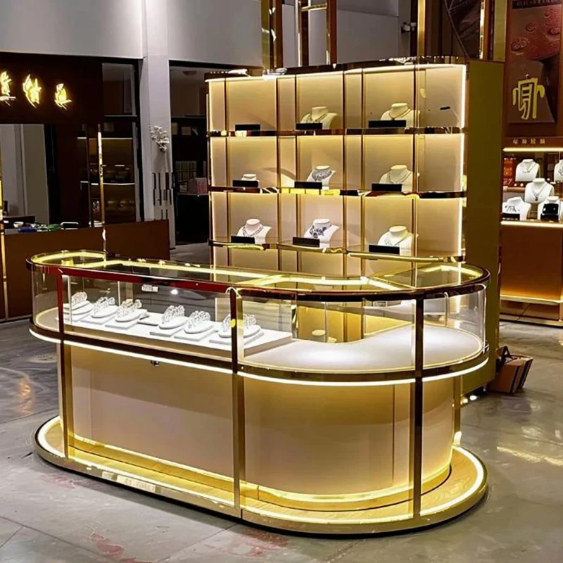 custom.Luxury Jewelry Display Tempered Glass Metal Construction LED Lighting Customizable Color/Size Multi-Options R