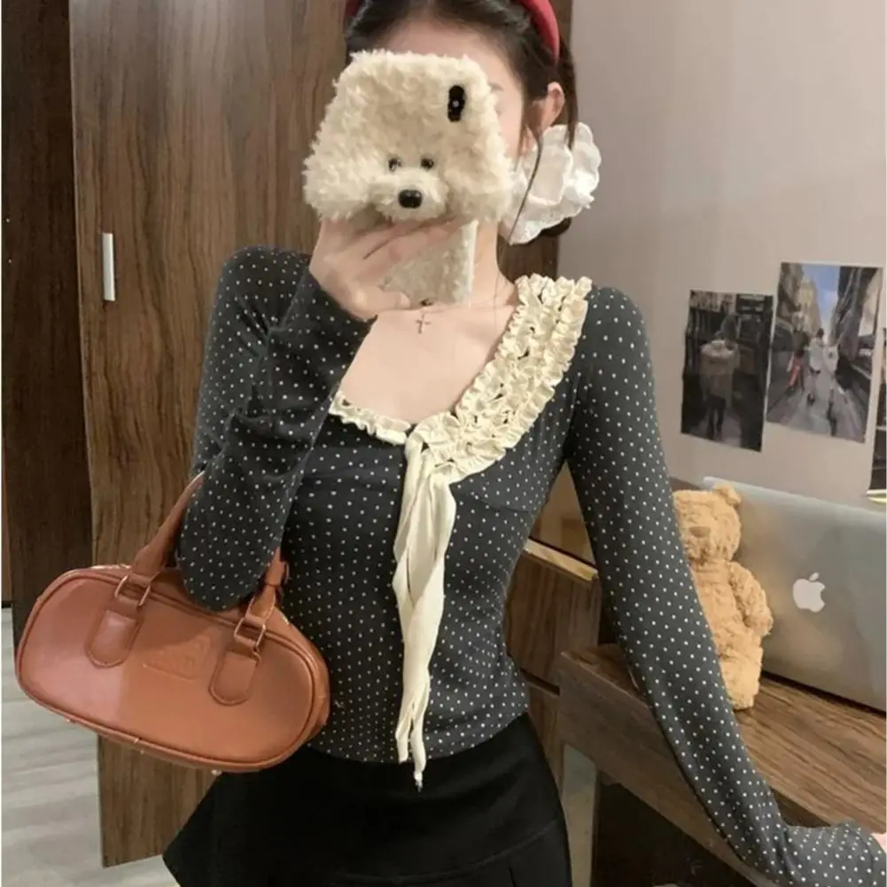 

Long-Sleeved T-Shirt Women Contrasting Color Lace Stitching Polka Dots 2024 Autumn New Design Stylish Slim Niche Top