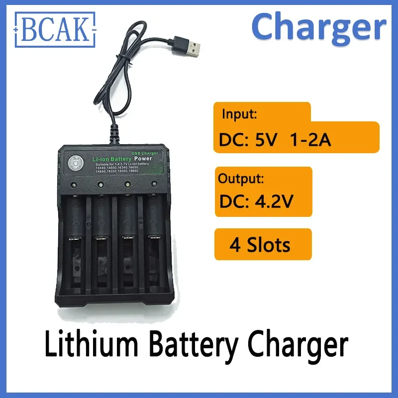 BCAK 4.2V 4 Slots Plastic Battery Charger with LED Indicator  for Lithium Batteries 18650 26650 25500 16340 14500 10440 17500