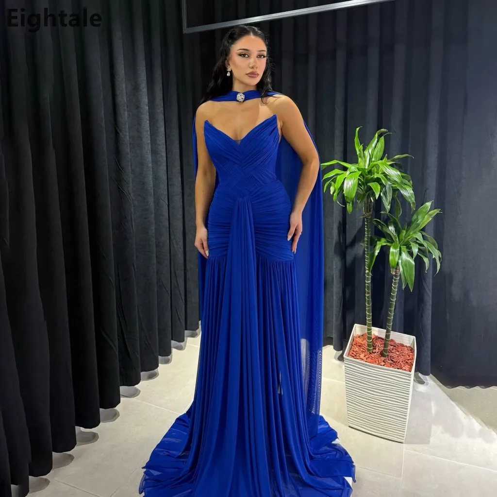 

Eightale 2025 Royal Blue Mermaid Pleated Chiffon Maxi Evening Dress Wrap Saudi Arabic Prom Dress Dubai Party Gown Customized
