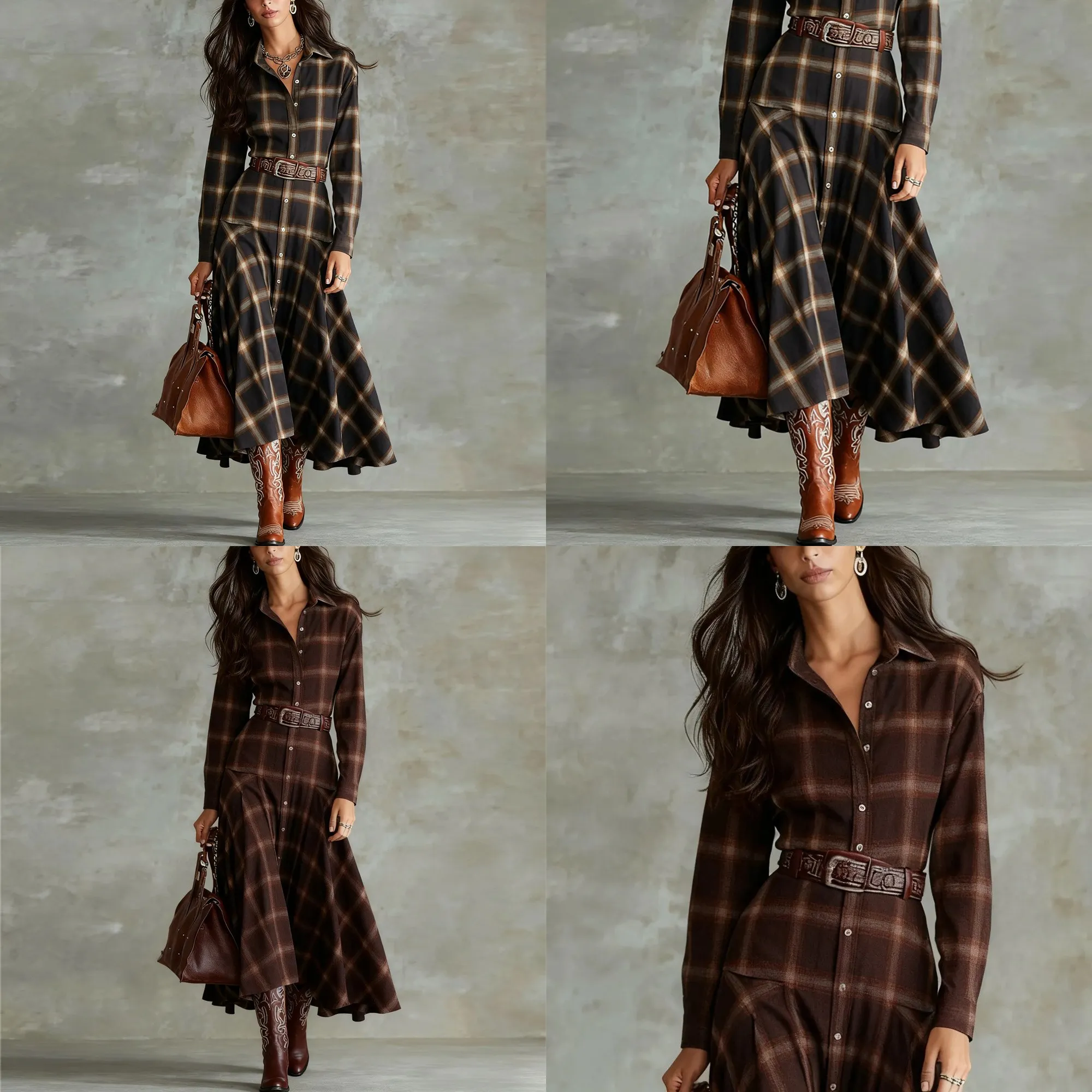 Vintage Plaid Long Sleeve Shirt Dress Dresses Blouse Top Spring Summer Matching Set
