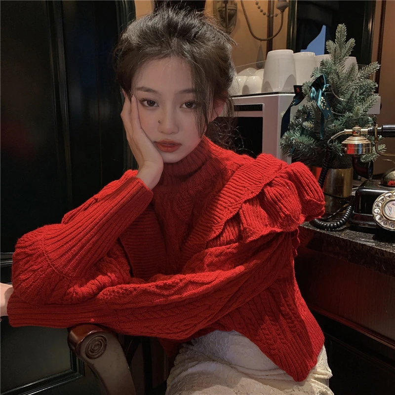 Turtleneck Sweater Women Vintage Ruffles Knitted Pullovers Christmas Streetwear Cropped Knitwear Autumn Winter Korean Red Jumper