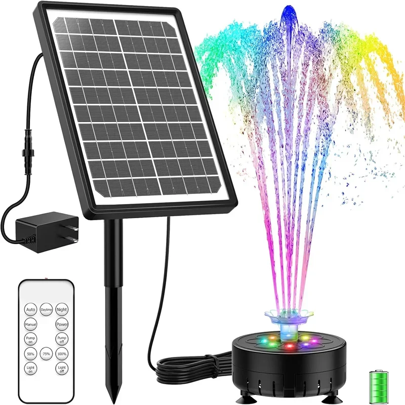 

10W Rechargeable Solar Fountain with Remote Control, Colorful Lights ,DIY Water Feature Solar Fountain Bird Bath, P