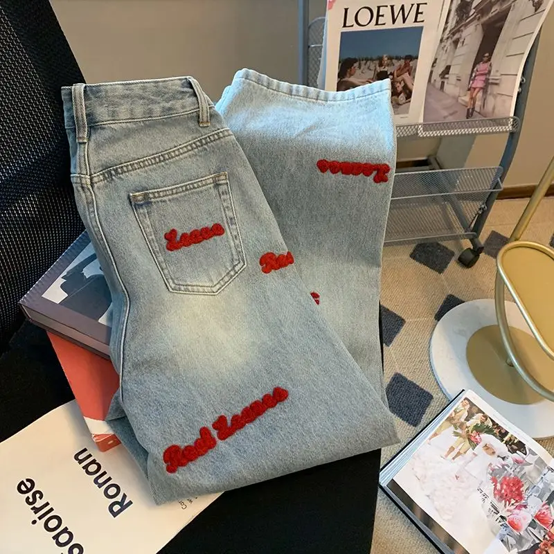 Americano ins vintage high street letter bordado jeans moda feminina design solto em linha reta ampla perna esfregões 2023 novo