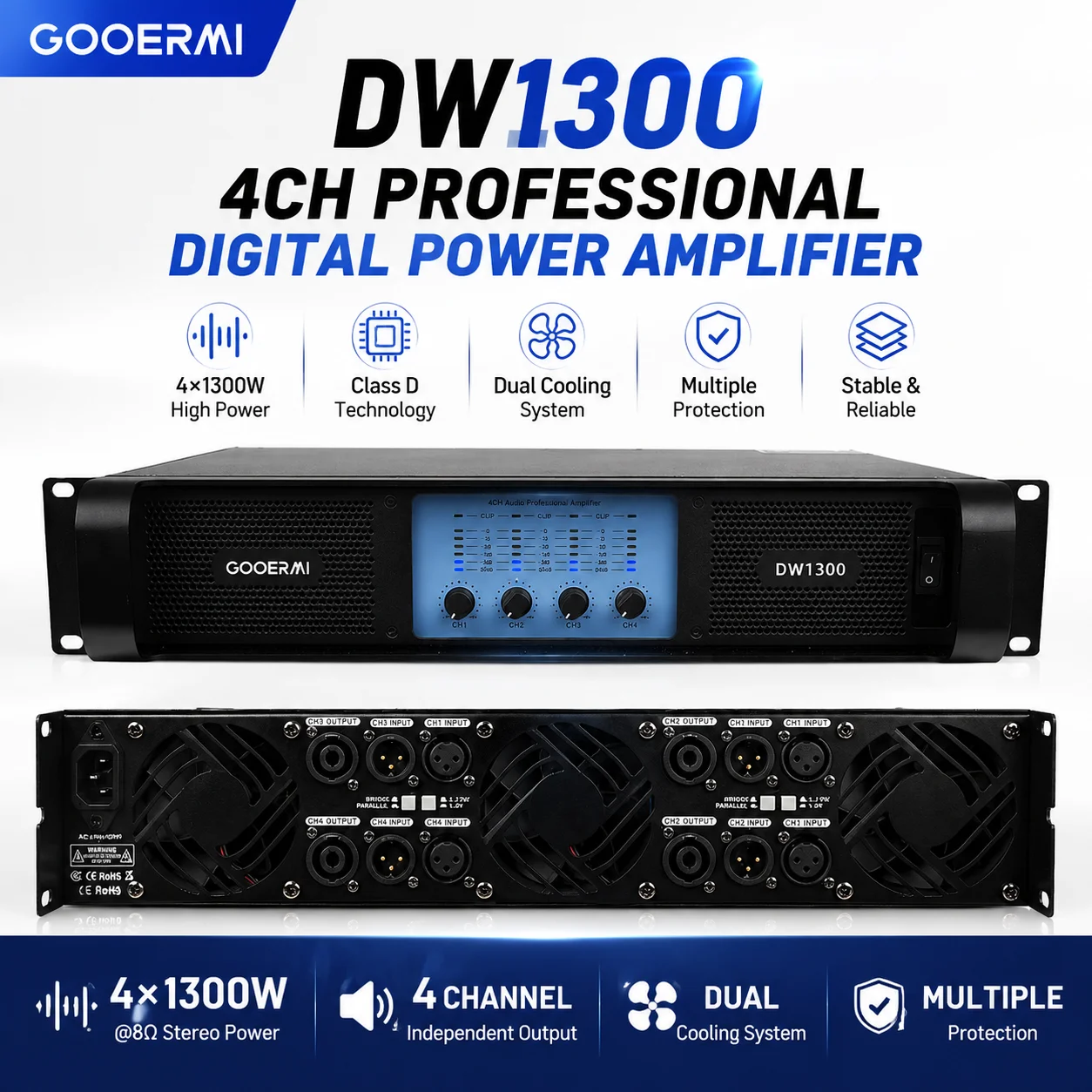 GOOERMI DW1300 4x1300W 4CH Professional Digital Power Amplifier DJ Audio Amp Stage KTV Bar PA System Dual Cooling Protection