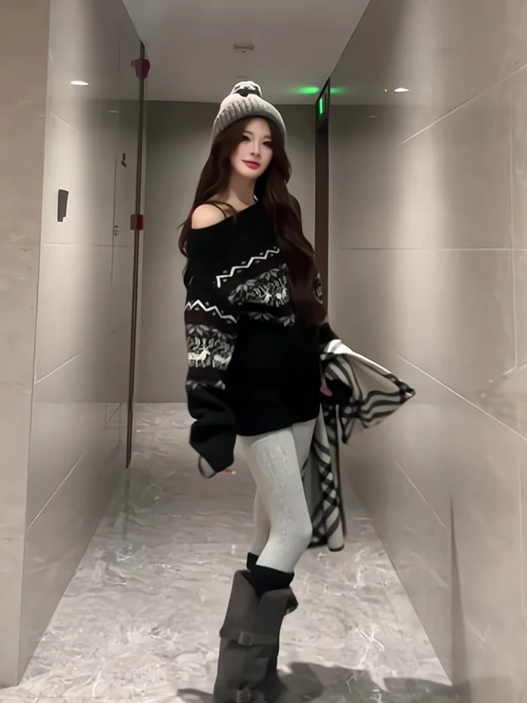 

Новинка! Женский утепленный свитер свободного кроя с открытыми плечами, осенне-зимний, вязаный, для ношения под одеждой, в стиле Cisas Island, с длинными рукавами.