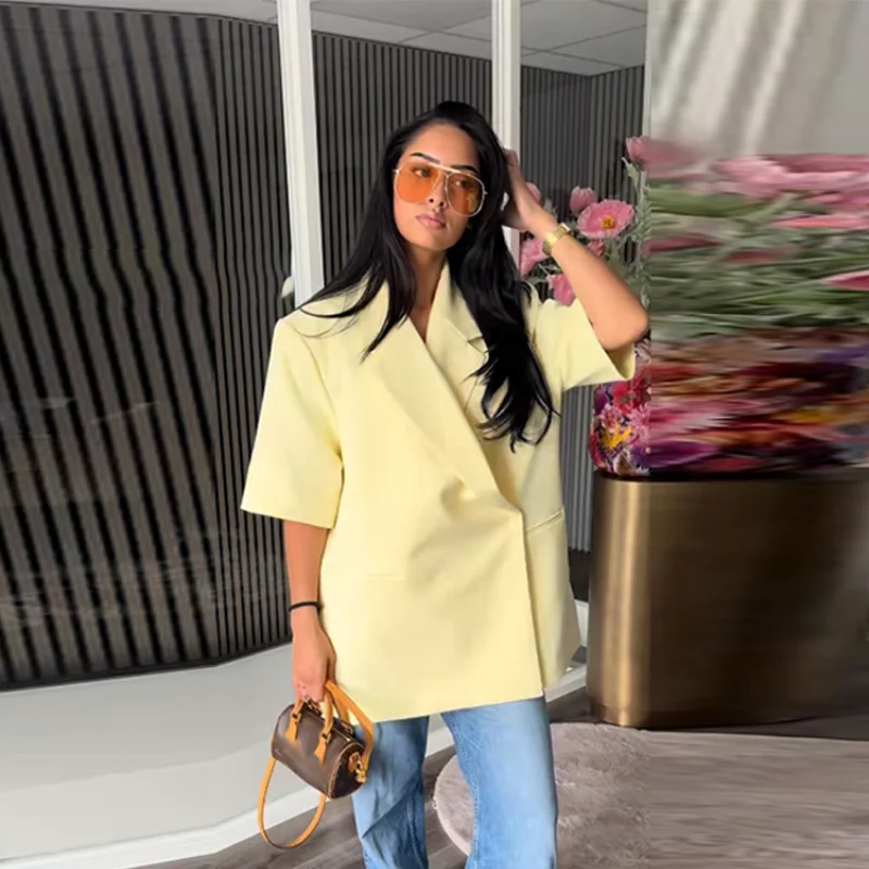 

Women Fashion Casual Loose Blazer short Sleeve One Button Side Split Suit Jackets 2025 New Lady Elegant Office Outwearear