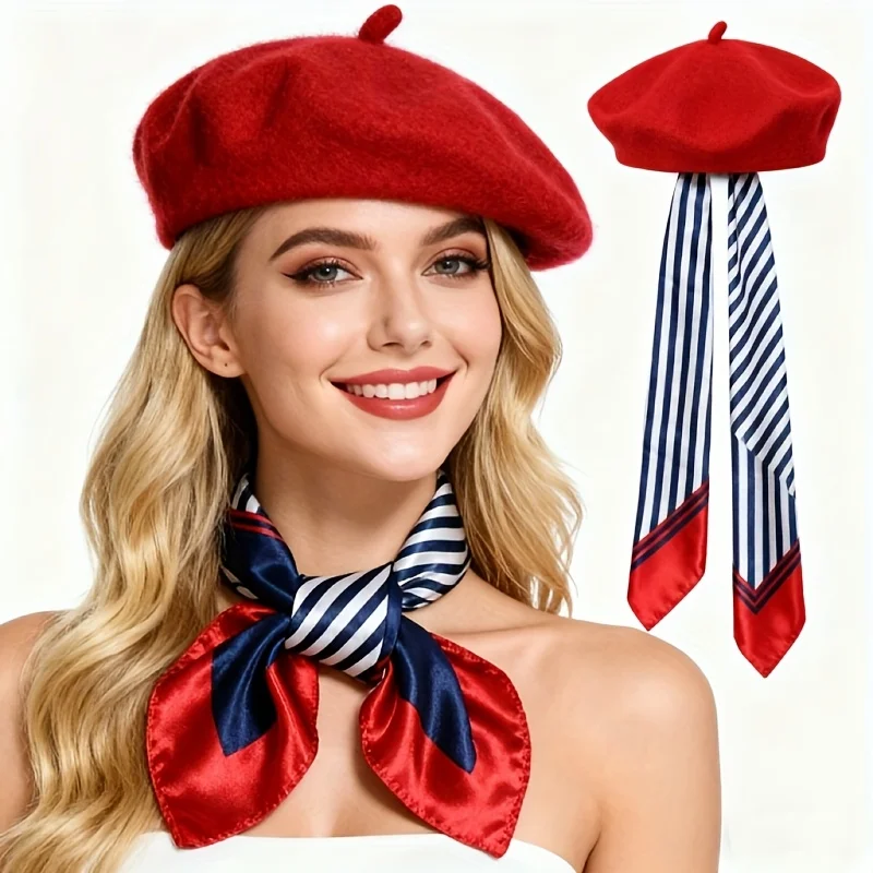 2PC Women's Beret and Scarf Set,Fashion Warm Hat and Bow Square Scarf,Elegant French Style Wool Blend Cap with Small Neckerchief