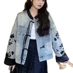 Spring Autumn Short New Chinese Style Denim Jacket Women 2024 New Fashion Loose Casual Coil Buckle Embroidery Outerwear Female