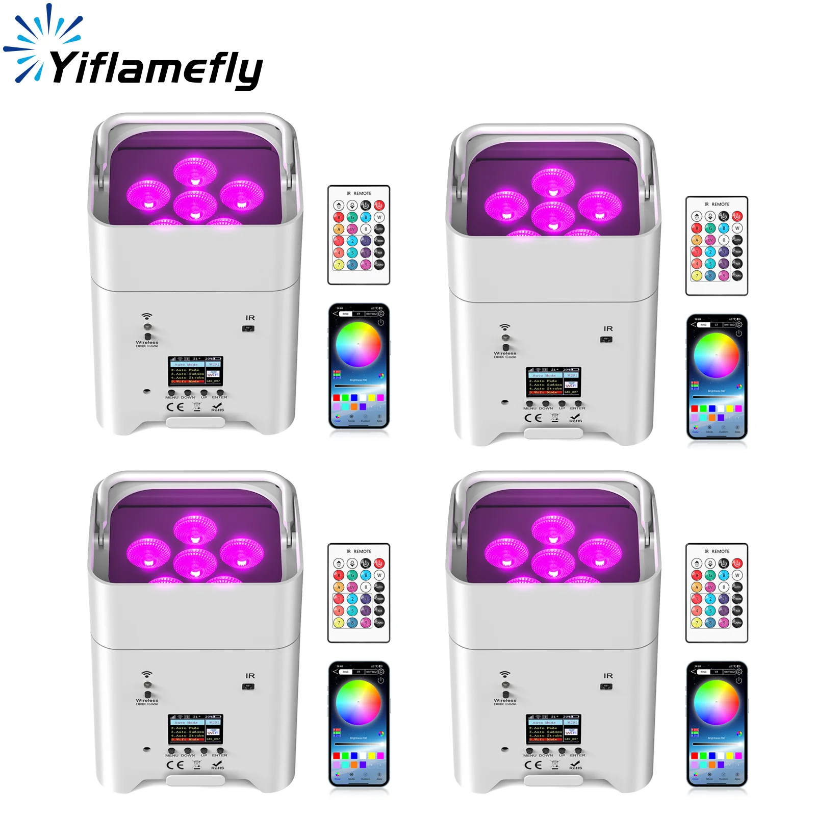 

Yiflamefly 4 шт. 80 Вт перезаряжаемые номинальные фонари со встроенной батареей управления Wi-Fi 6X18 Вт RGBWA + УФ светодиодные сценические фонари для свадебной вечеринки КТВ