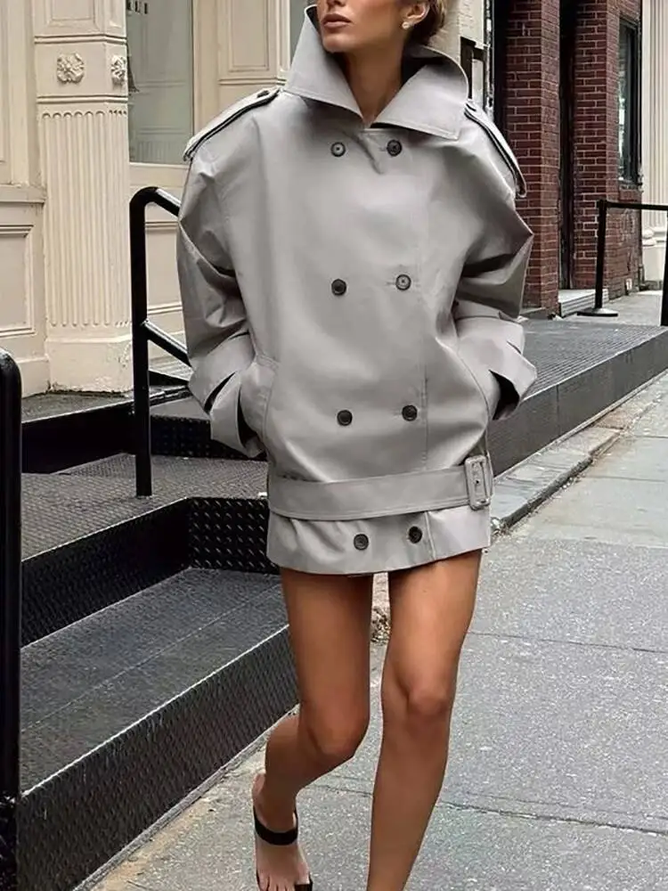 

Зимнее сексуальное двубортное тонкое пальто с лацканами и поясом, женская серая куртка на пуговицах с длинными рукавами, ветровка, вечерняя вечеринка