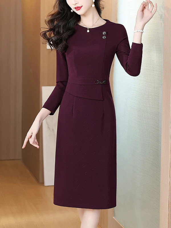 

Spring Autumn round Neck Long Sleeve Belly Covering Dress Women's Midi Size Large Age Reduction Mom's Wrap Skirt Commute Style