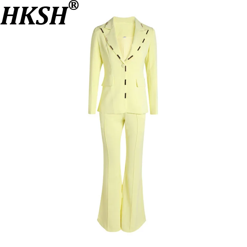 

HKSH Весенне-Осенний новый женский костюм из двух предметов, комплект из двух предметов, металлическое украшение на одной пуговице, приталенный пиджак, расклешенные брюки, офисные женские HK14480