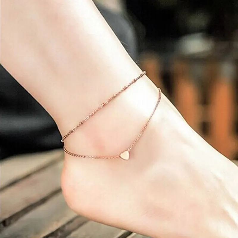 Fashion Double Love Heart Beach Anklet Titanium Steel Heart Anklets Bracelet For Women Barefoot Sandals Foot Jewelry Gift